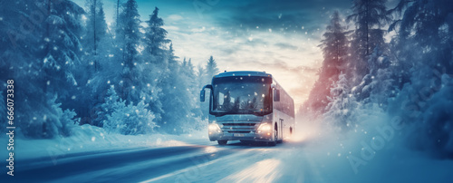 Bus on asphalt road in beautiful winter day at countryside in snowfall