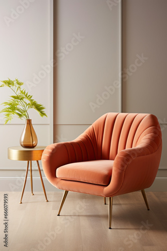 Modern armchair in the color of the year apricot crash in the interior.