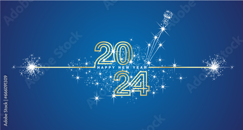 Happy New Year 2024 eve golden triple line design loading sparkle firework champagne open white blue vector wallpaper greeting card