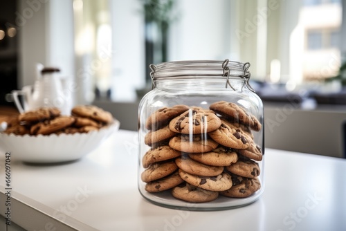 A jar of chocolate chip cookies bathed in natural light on a kitchen counter.