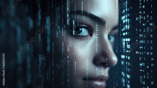 Digital AI ethic transparency data privacy technology background with young woman's face looking through matrix code overlay 
