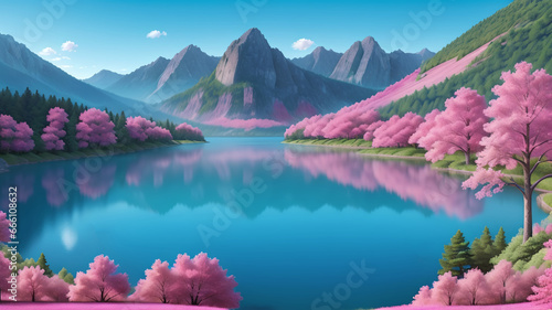 Lakes in the mountains with rose trees. Fantasy. AI