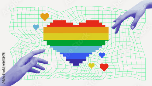 Pride gradient banner with 2024 LGBTQ Pride flag colours. Vector banner logo lgbtq with rainbow heart and hands. Symbol of pride month support.