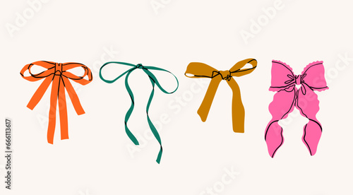 Set of various Bow knots, tie ups, gift bows. Hand drawn Vector illustration. Isolated colorful design elements. Wedding celebration, holiday, party decoration, gift, present concept