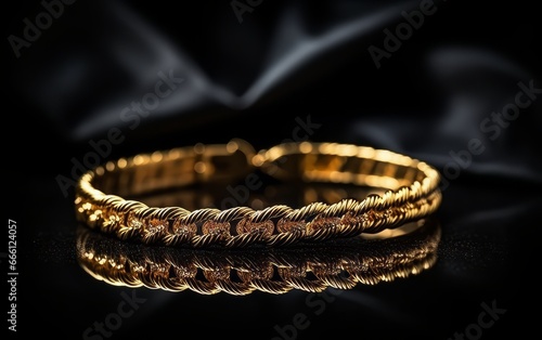 a gold bracelet with diamonds on a black background