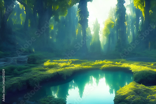 Fantasie voll romantisch mystischer alter Wald im Morgendunst Sonnenaufgang mit Sonnenstrahlen, die durch dichte Bäume und Grün strahlen. Ein Teich im Zentrum. Märchenhafte natürliche Romantik.