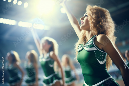 American high school cheerleaders at the stadium, leading with vigor