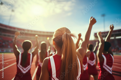 American high school cheerleaders at the stadium, delivering a dynamic performance