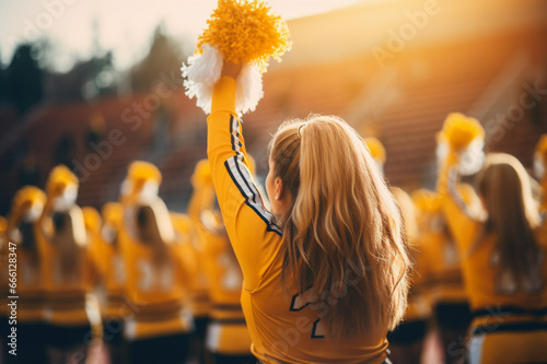 American high school cheerleaders, boosting motivation at the stadium