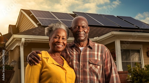 Happy elderly African-American couple in front of a house with solar panels, green energy concept