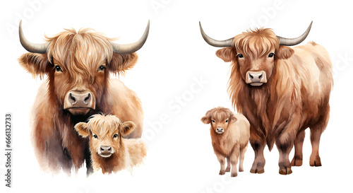 Watercolor yak with his cute baby, highland cow set, vector illustration, Generative Ai. 