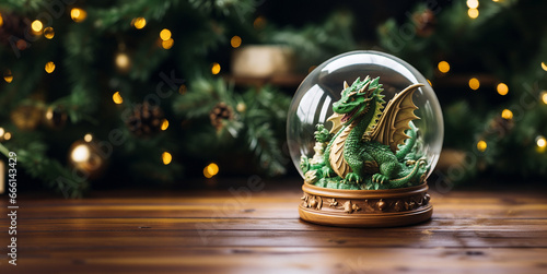 Christmas glass ball with a dragon inside on a wooden table against the background of a Christmas tree. Generative AI