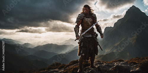 A solitary warrior, holding a menacing sword, dominates the mountain peak, portraying a medieval fantasy hero's epic journey..