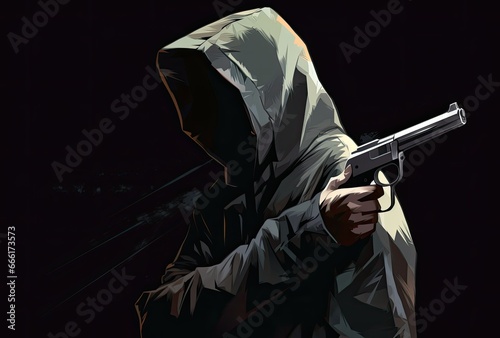 Man in hood holding gun. Concept of crime and firearm attack with adult man