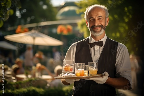 mature waiter serving drinks on a summer day