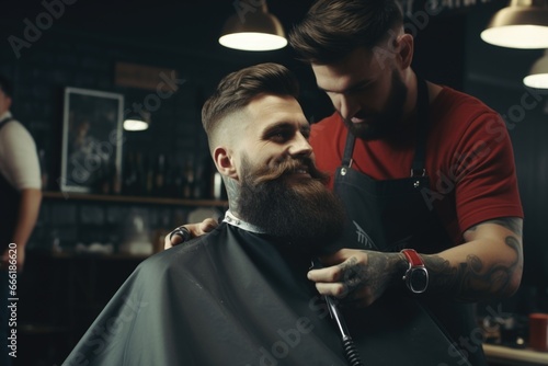 A man is seen getting a haircut at a barber shop. This image can be used to showcase the experience of getting a haircut at a professional salon.