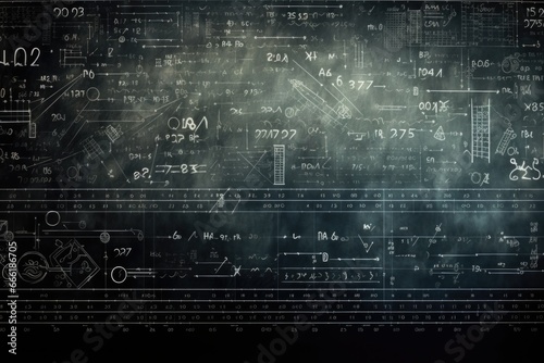 A blackboard covered in complex calculations. This image can be used to represent math, education, problem-solving, or the concept of brainstorming ideas