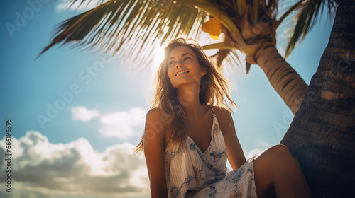 Summer vacation on a tropical island. Young woman in the sunlight near a palm tree against the blue sky. 