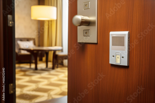 Close-up of the electronic opening device of the half-open door of a hotel.