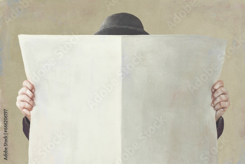 illustration of businessman with bowler holding empty newspaper