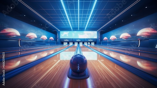A pristine bowling alley, pins neatly arranged at the end, captured from the bowler's perspective.