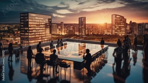 Business meetings about building with evening background. Business men and women on the conference room outdoor.