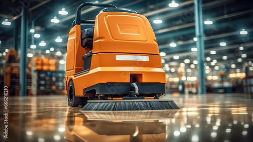 Commercial Floor Cleaner at Warehouse, Intelligent warehouse industrial, Modern high tech innovative warehouse logistics displayed.