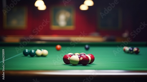 A snooker table set for a decisive shot, balls strategically placed for a masterful break.