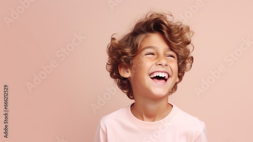 Cute Laughing Boy isolated on the Minimalist Pastel Color Background 