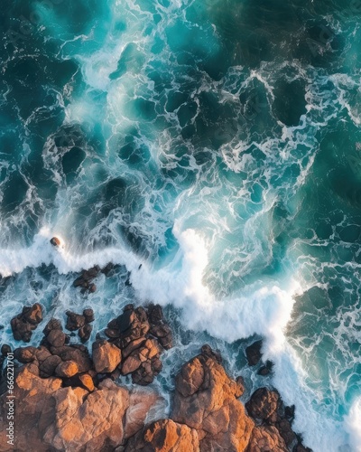 Waves crashing on rocks arial view from the top, deep turquoise water surface with sea foam