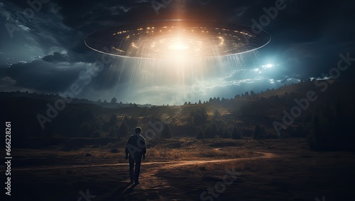 man standing in front of an alien spaceship flying in the night sky 