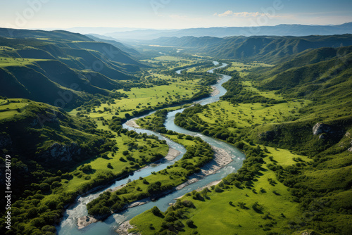An aerial view of a winding river cutting through a lush valley, showcasing the beauty of natural geography. Concept of river landscapes. Generative Ai.