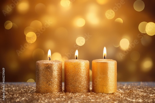Christmas card with holiday mood. Festive burning candles. Generative AI