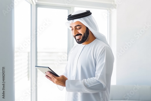 Happy Arabic man using tablet on white wall in smart home. Modern home innovation and technology. Using a mobile tablet to control smart home.