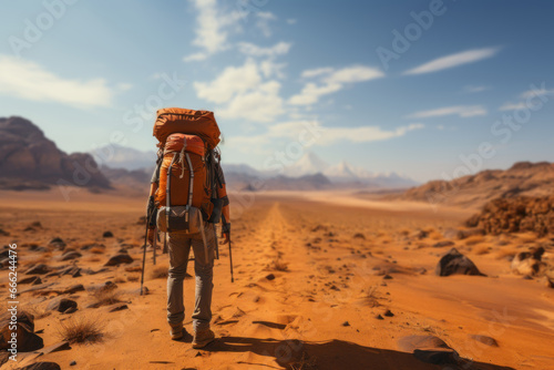 A hiker lost in a vast desert, symbolizing the life-threatening risks of dehydration and exposure. Concept of desert survival. Generative Ai.
