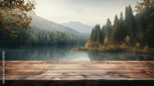 A dark wood tabletop smoothly melding with the hazy, serene lakeside backdrop, creating a seamless blend with the softly blurred surroundings.