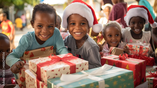 Kids from the orphanage or from low-income families in poor countries enjoy gifts for christmas. Smiling happy children with presents