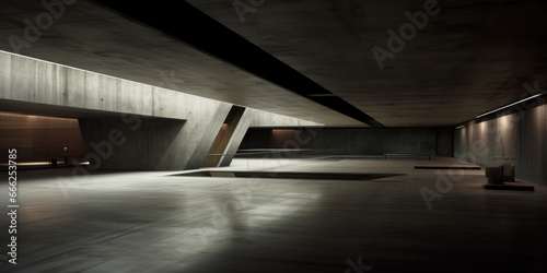 Empty dark underground parking background, minimalist interior of concrete hall with low light. Modern basement room with gray walls. Concept of garage, industry