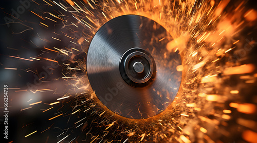 Close-up metal saw blade on the sides fly bright sparks from the angle grinder machine. Metal sawing. Hot sparks at grinding steel material.