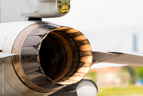 The exhaust of the fighter jet. Jet plane nozzle