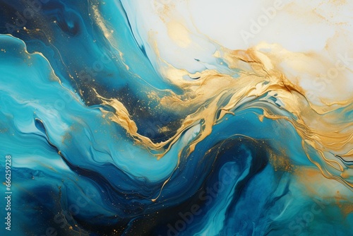 Mesmerizing paint swirls in teal and blue adorned with golden powder. Opulent acrylic pour backdrop. Generative AI