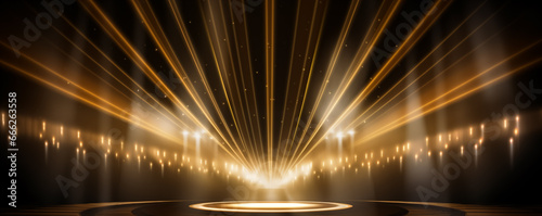 Gold lights rays scene background. Golden light award stage with rays and sparks