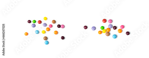 Scattered small candies isolated. Colorful dragees, multicolored glazed chocolate buttons