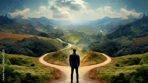 Man at two roads deciding for best chance of environment protection, attractive nature and hills both side, land and technology to manage and make data driven decisions