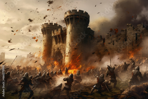 Illustration of a medieval castle under siege. 