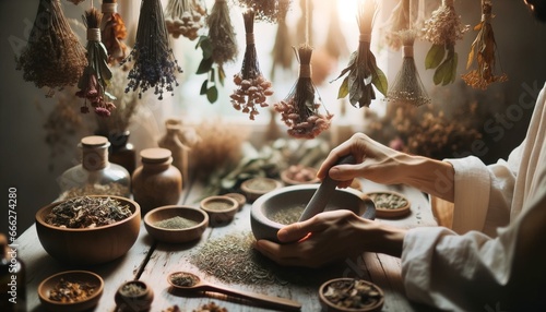 Cropped view of herbalist grinding fresh herbs with dried herbs hanging around.