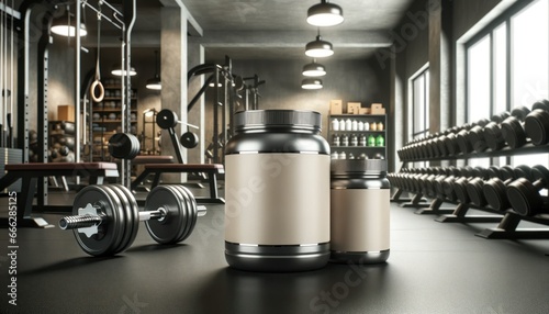 Wide photo of blank modern protein powder jars prominently placed in the foreground, adopting a gym steel and protein beige color scheme.