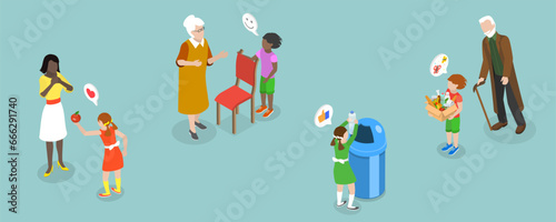 3D Isometric Flat Vector Illustration of Child Behavior, Kids with Good Manners