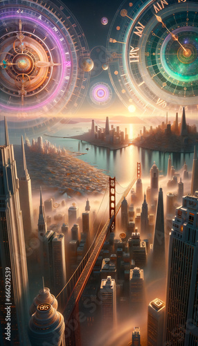Cityscape of the Future: Where Time and Technology Converge. San Francisco in Aquarian Age.