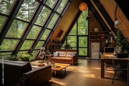 Interior of a modern A-frame cabin in the woods. 